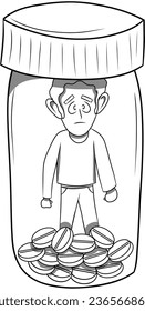 Eine pädagogische Illustration eines Mannes in einer Flasche medizinischer Tabletten, Drogenabhängiger Zeichnen, Vektorgrafik einzeln auf weißem Hintergrund