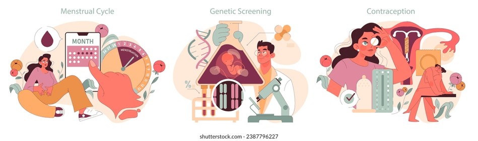 Educative illustrations showcasing a woman menstrual cycle, an expert examining genetic screening, and methods of contraception. Each image emphasizes personal health, choices, and scientific insight