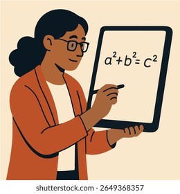 Educator explains pythagorean theorem with digital tablet in cartoon style.