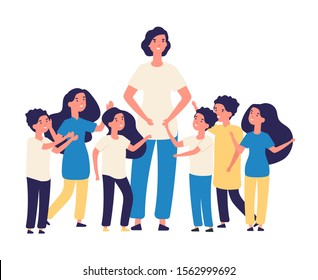 Educator and kids. Vector teacher, happy children characters. Group of kids from kindergarten elementary school with young woman illustration