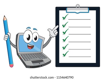 the educator presenter funny laptop character speaking about your features notes what to do to drive into a success story clipboard paper pencil in one hand pointing by other hand