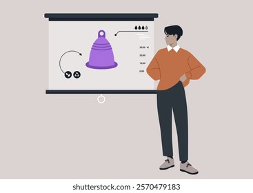 An educator stands confidently next to a projection displaying a menstrual cup, sharing essential insights on its benefits, usage, and health impact in a workshop setting designed for open discussion