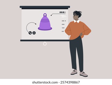 An educator stands confidently next to a projection displaying a menstrual cup, sharing essential insights on its benefits, usage, and health impact in a workshop setting designed for open discussion