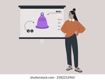An educator stands confidently next to a projection displaying a menstrual cup, sharing essential insights on its benefits, usage, and health impact in a workshop setting designed for open discussion