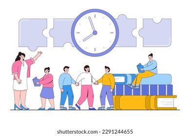 Educator teaching children to acquire knowledge from books concept. Play and communication at recess. Outline design style vector illustration for landing page, web banner, infographics, hero images.