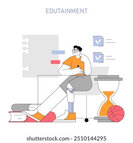 Edutainment concept. A content student engages in learning with books and a basketball suggesting a blend of education and play. Productive study time. Vector illustration.