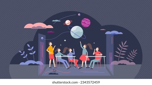 Edutainment as educational entertainment for fun learning tiny person concept. Teaching method with kids motivational play and knowledge combination vector illustration. Educate with show activity.