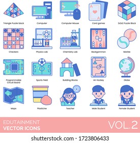 Edutainment icons including triangle puzzle block, computer mouse, card game, checkers, physics lab, chemistry, backgammon, marbles, programmable circuit board, sports field, building, air hockey.