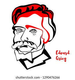 Edvard Grieg engraved vector portrait with ink contours. Norwegian composer and pianist. One of the leading Romantic era composers, and his music is part of the standard classical repertoire worldwide