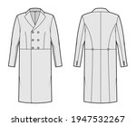 Edwardian Frock jacket technical fashion illustration with long sleeves, notched collar, knee length, double breasted. Flat coat template front, back, grey color. Women, men, unisex top CAD mockup