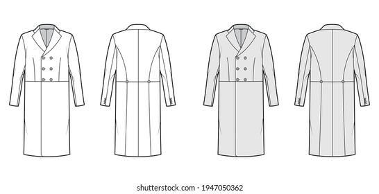 Edwardian Frock jacket technical fashion illustration with long sleeves, notched collar, three quarter knee length. Flat coat template front, back, white, grey color. Women, men, unisex top CAD mockup