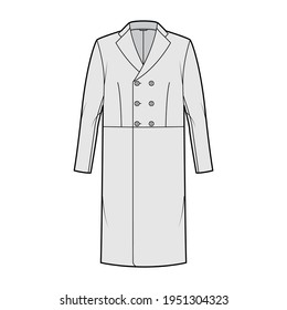 Edwardian Frock jacket technical fashion illustration with long sleeves, notched collar, knee length, double breasted. Flat coat template front, grey color style. Women, men, unisex top CAD mockup