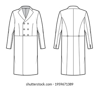 Edwardian Frock jacket technical fashion illustration with long sleeves, three quarter knee length, double breasted. Flat coat template front, back, white color style. Women, men unisex top CAD mockup