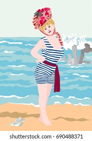 Edwardian Lady in bathing suit and headdress posing on sea shore, solid flat color vector illustration