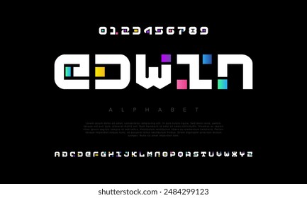 Edwin creative geometric modern urban alphabet font. Digital abstract futuristic, fashion, sport, minimal technology typography. Simple numeric vector illustration