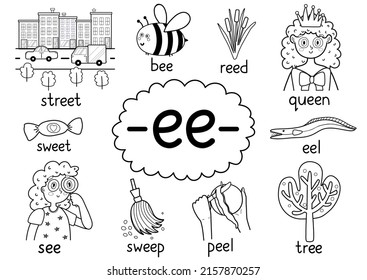 Ee digraph spelling rule black and white educational poster for kids with words. Learning -ee- phonics for school and preschool. Phonetic worksheet. Vector illustration