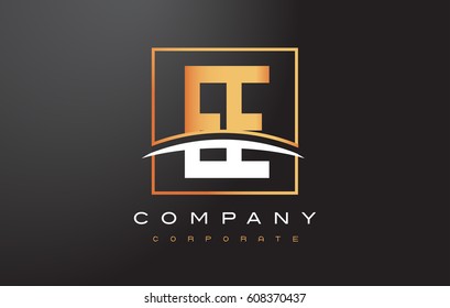 EE E E Golden Letter Logo Design with Swoosh and Rectangle Square Box Vector Design.