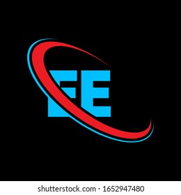 EE E E letter logo design. Initial letter EE linked circle upercase monogram logo red and blue. EE logo, E E design	