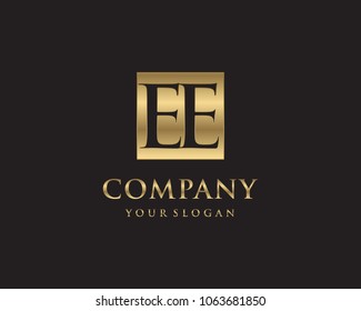 EE initial letters looping linked box elegant logo golden black background