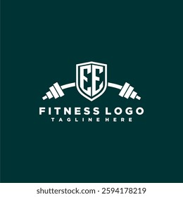 EE initial monogram for fitnes or gym logo with creative shield and barbell design