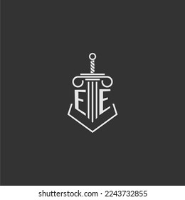EE initial monogram law firm with sword and pillar logo design