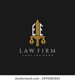 EE initial monogram for lawfirm logo with sword and scale