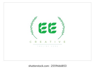 EE letters eco logo with leaf. Fresh nature and healthy leaf logo design.