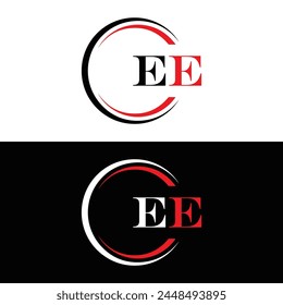 EE logo. E E design. White EE letter. EE, E E letter logo design. Initial letter EE linked circle uppercase monogram logo.