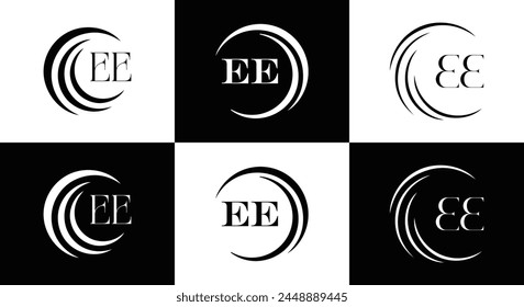 EE logo. E E design. White EE letter. EE, E E letter logo design. Initial letter EE linked circle uppercase monogram logo.