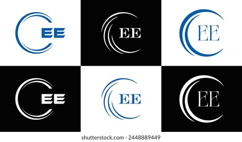 EE logo. E E design. White EE letter. EE, E E letter logo design. Initial letter EE linked circle uppercase monogram logo.