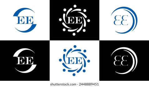 EE logo. E E design. White EE letter. EE, E E letter logo design. Initial letter EE linked circle uppercase monogram logo.