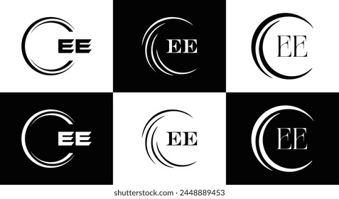 EE logo. E E design. White EE letter. EE, E E letter logo design. Initial letter EE linked circle uppercase monogram logo.