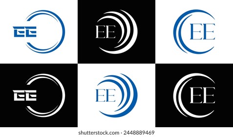 EE logo. E E design. White EE letter. EE, E E letter logo design. Initial letter EE linked circle uppercase monogram logo.