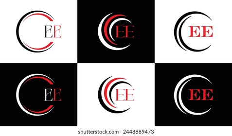 EE logo. E E design. White EE letter. EE, E E letter logo design. Initial letter EE linked circle uppercase monogram logo.