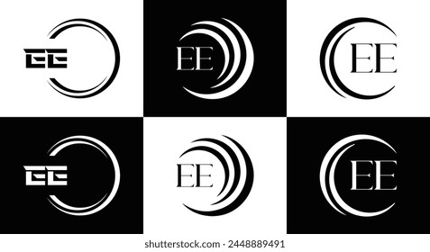 EE logo. E E design. White EE letter. EE, E E letter logo design. Initial letter EE linked circle uppercase monogram logo.