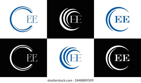 EE logo. E E design. White EE letter. EE, E E letter logo design. Initial letter EE linked circle uppercase monogram logo.