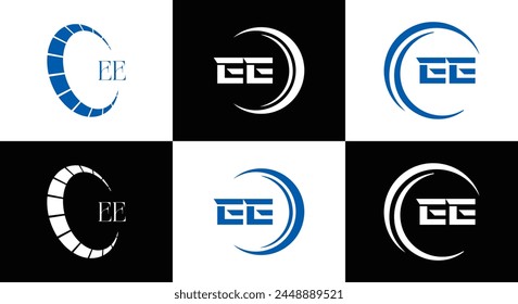 EE logo. E E design. White EE letter. EE, E E letter logo design. Initial letter EE linked circle uppercase monogram logo.