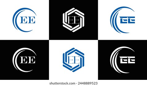 EE logo. E E design. White EE letter. EE, E E letter logo design. Initial letter EE linked circle uppercase monogram logo.