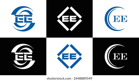 EE logo. E E design. White EE letter. EE, E E letter logo design. Initial letter EE linked circle uppercase monogram logo.