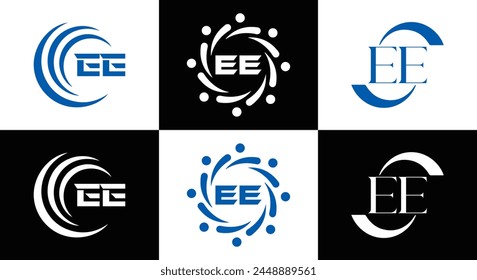 EE logo. E E design. White EE letter. EE, E E letter logo design. Initial letter EE linked circle uppercase monogram logo.