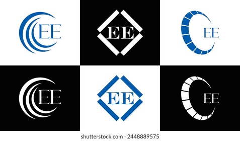 EE logo. E E design. White EE letter. EE, E E letter logo design. Initial letter EE linked circle uppercase monogram logo.