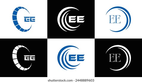 EE logo. E E design. White EE letter. EE, E E letter logo design. Initial letter EE linked circle uppercase monogram logo.