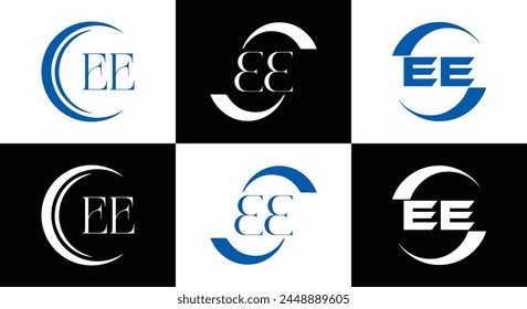 EE logo. E E design. White EE letter. EE, E E letter logo design. Initial letter EE linked circle uppercase monogram logo.