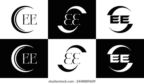 EE logo. E E design. White EE letter. EE, E E letter logo design. Initial letter EE linked circle uppercase monogram logo.