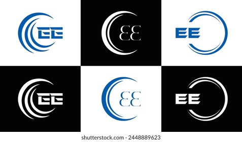 EE logo. E E design. White EE letter. EE, E E letter logo design. Initial letter EE linked circle uppercase monogram logo.