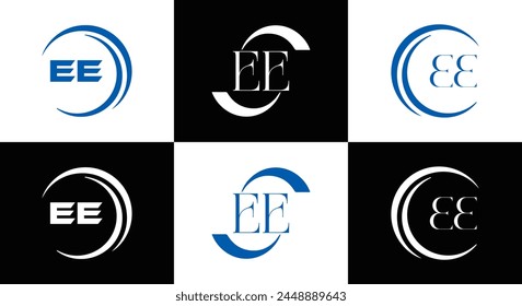 EE logo. E E design. White EE letter. EE, E E letter logo design. Initial letter EE linked circle uppercase monogram logo.