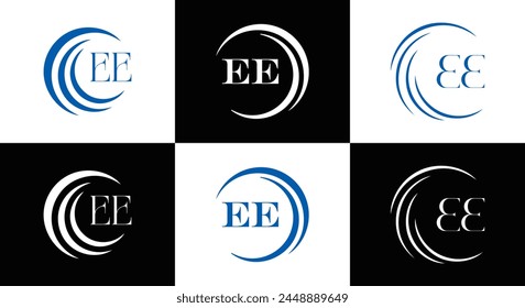 EE logo. E E design. White EE letter. EE, E E letter logo design. Initial letter EE linked circle uppercase monogram logo.