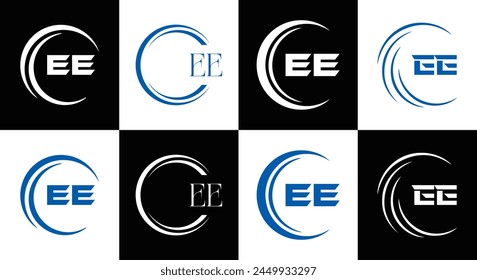 EE logo. E E design. White EE letter. EE, E E letter logo design. Initial letter EE linked circle uppercase monogram logo.