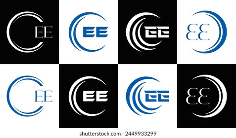 EE logo. E E design. White EE letter. EE, E E letter logo design. Initial letter EE linked circle uppercase monogram logo.