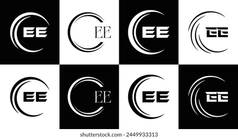 EE logo. E E design. White EE letter. EE, E E letter logo design. Initial letter EE linked circle uppercase monogram logo.